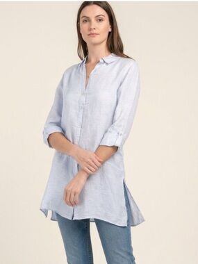 Tahari 100% Linen Tunic Button Up Shirt Blue Roll Tab Sleeve Size 2X